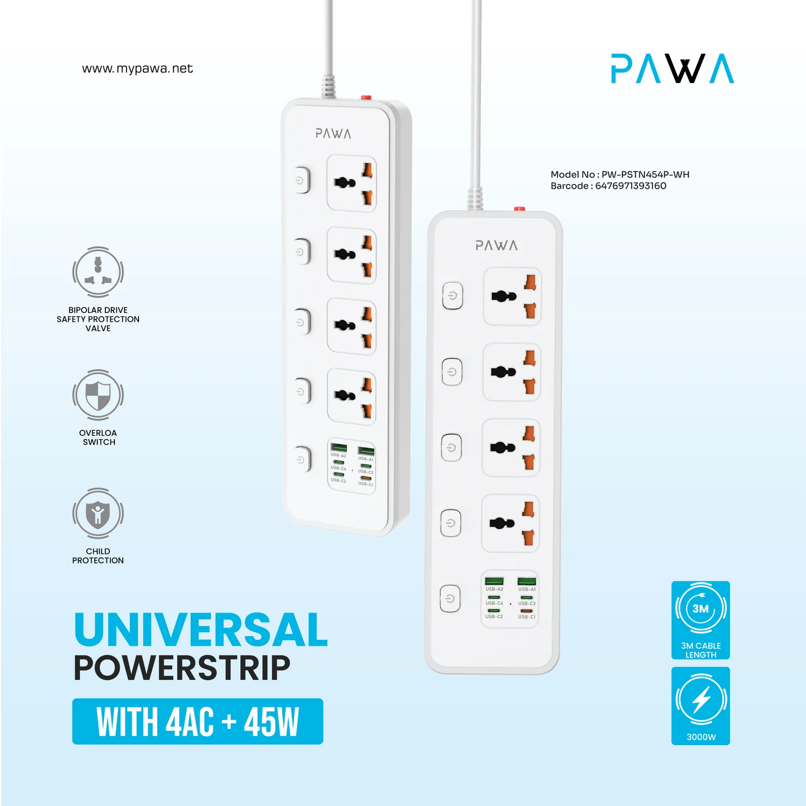 PAWA UNIVERSAL POWERSTRIP WITH 4AC + 45W WHITE PW-PSTN454P-WH thumbnail 5