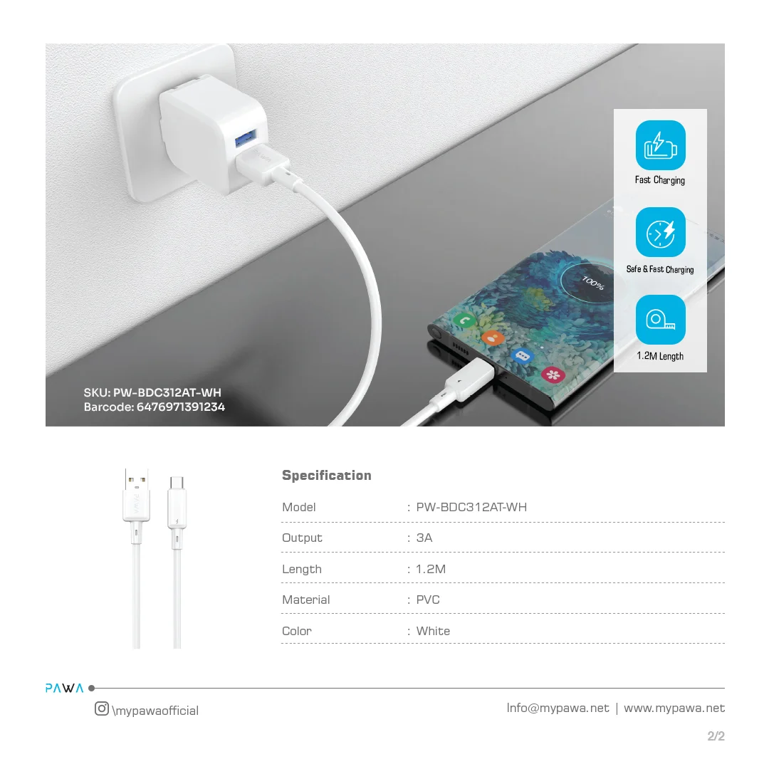 PAWA 3A USB A TO TYPE C QUICK CHARGING PVC CABLE 1.2M PW122 WHITE PW-BDC312AT-WH thumbnail 7