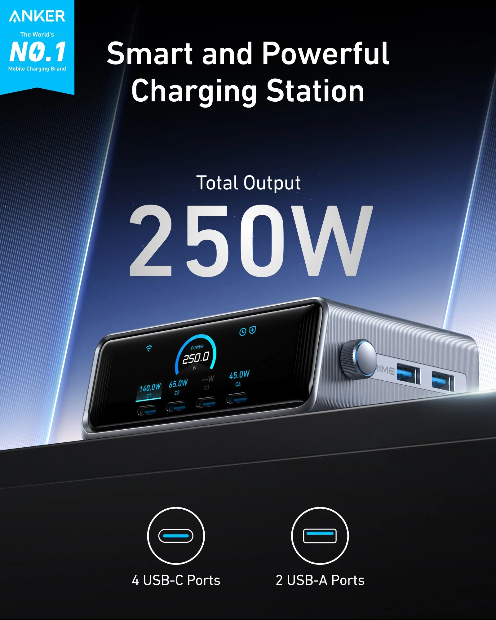 ANKER PRIME 250W SMART ULTRA POWERFUL DESKTOP CHARGER 6 PORTS SILVER A2345241 thumbnail 10