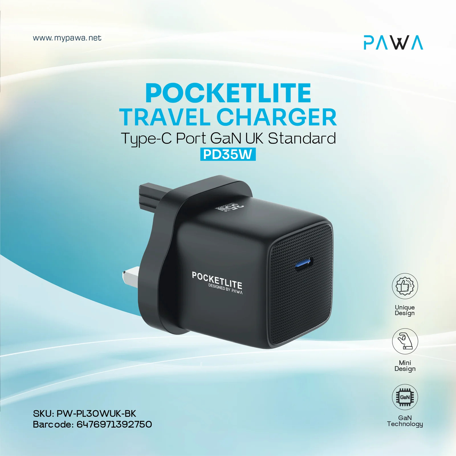 PAWA POCKETLITE TRAVEL CHARGER TYPE-C PORT GAN PD35W  BLACK PW-PL30WUK-BK thumbnail 4