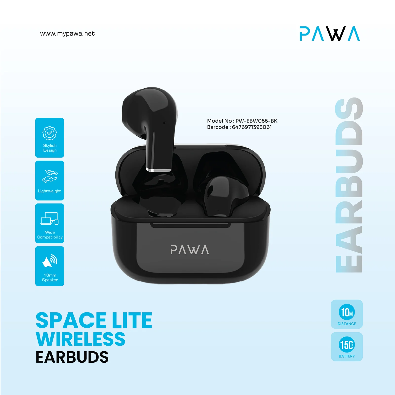 PAWA SPACE LITE WIRELESS EARBUDS BLACK PW-EBW055-BK thumbnail 5