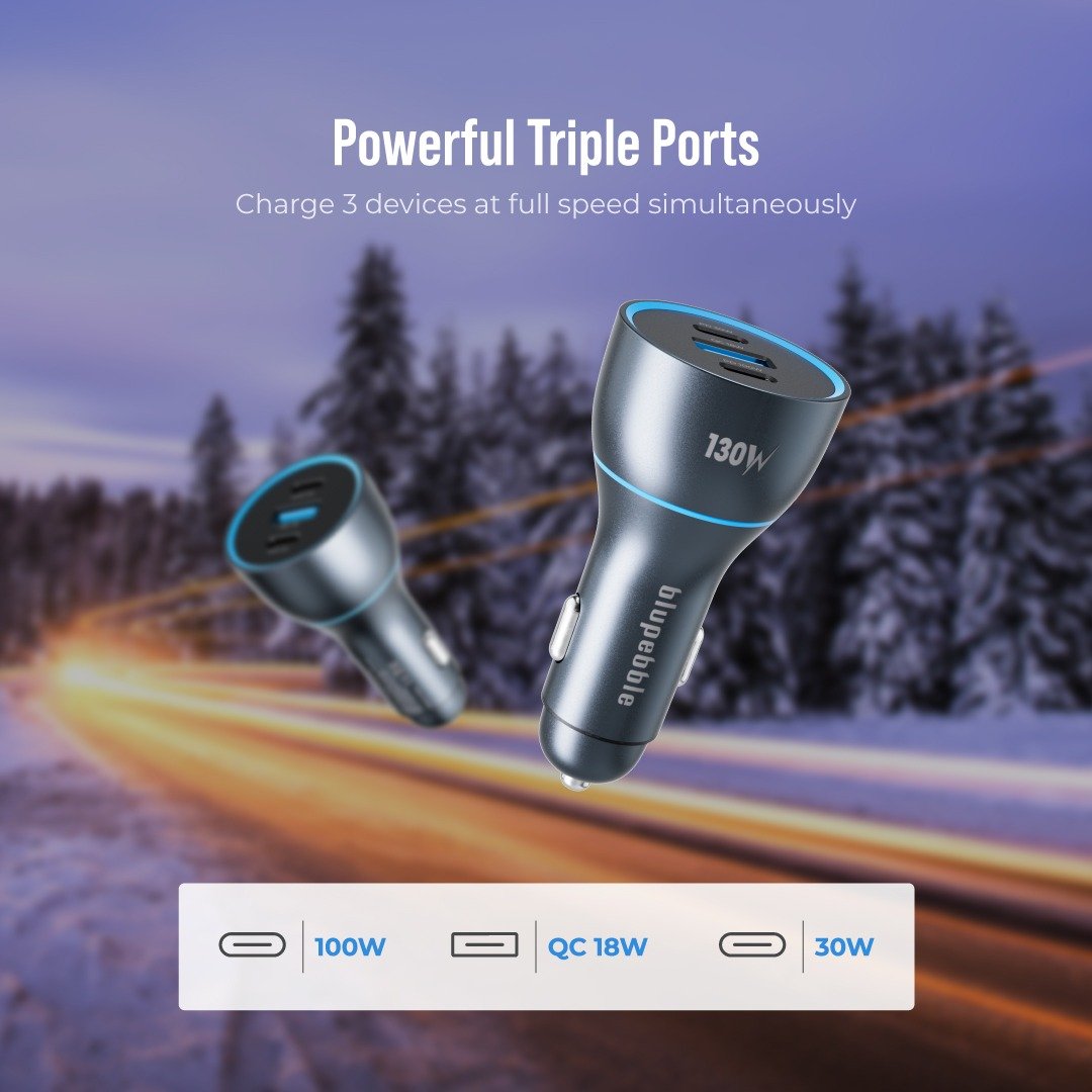 BluPebble Navi Power 130W Car Charger with 2x USB-C and 1x USB-A Ports - BP-CC0130-SG thumbnail 4