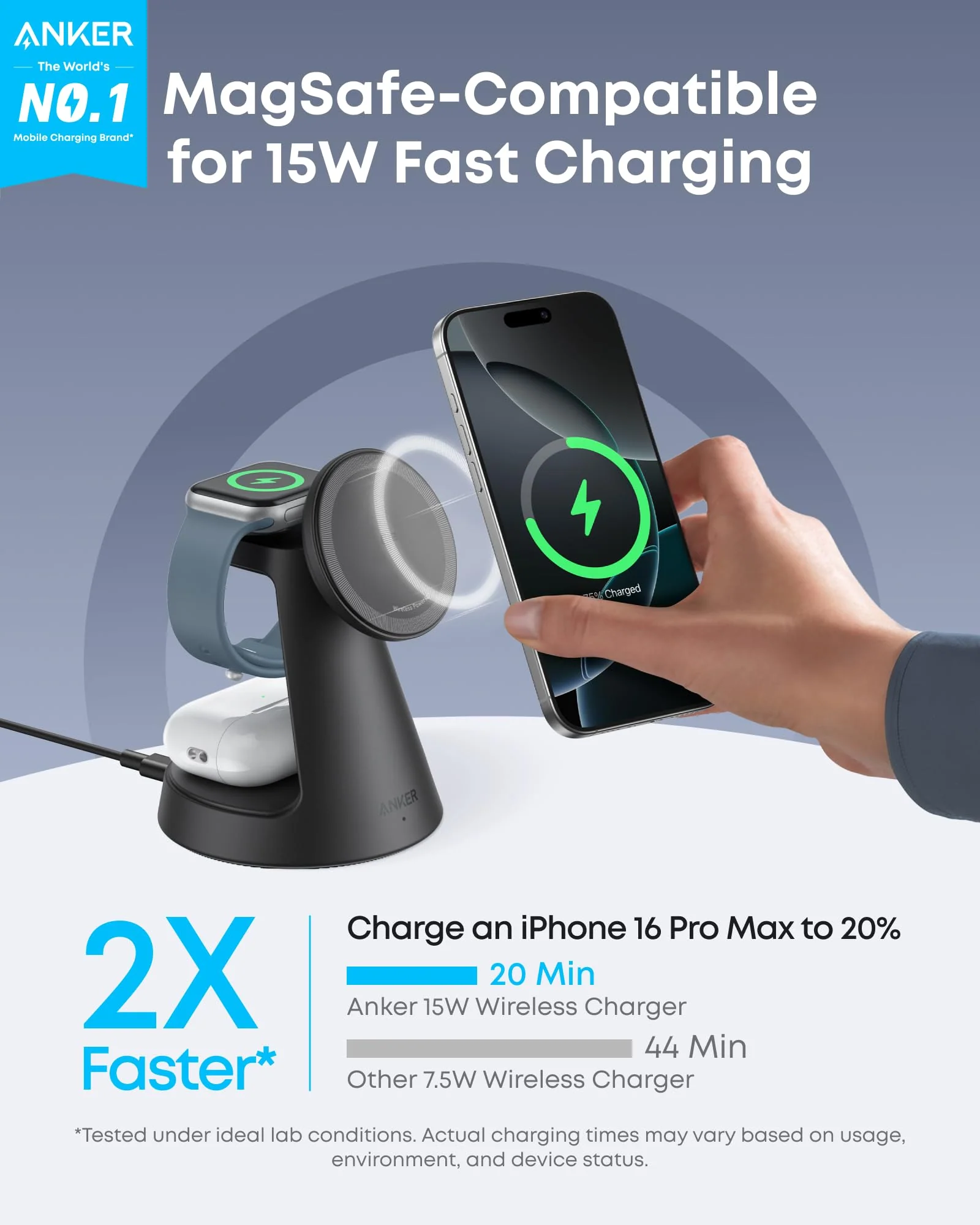 ANKER MAGGO WIRELESS CHARGING STATION 3 IN 1 DOCK STAND WITH ADAPTER AND CABLE BLACK B25M4V11 thumbnail 8