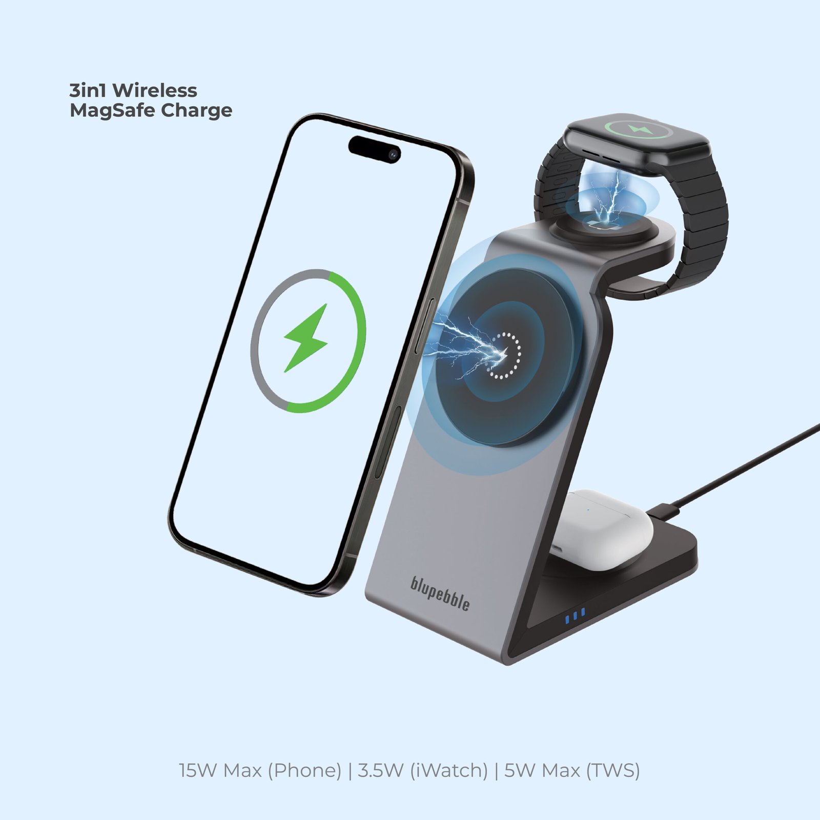 BLUPEBBLE 3 IN 1 WIRELESS MAGSAFE CHARGING STAND BP-3IN1V1-SG thumbnail 17