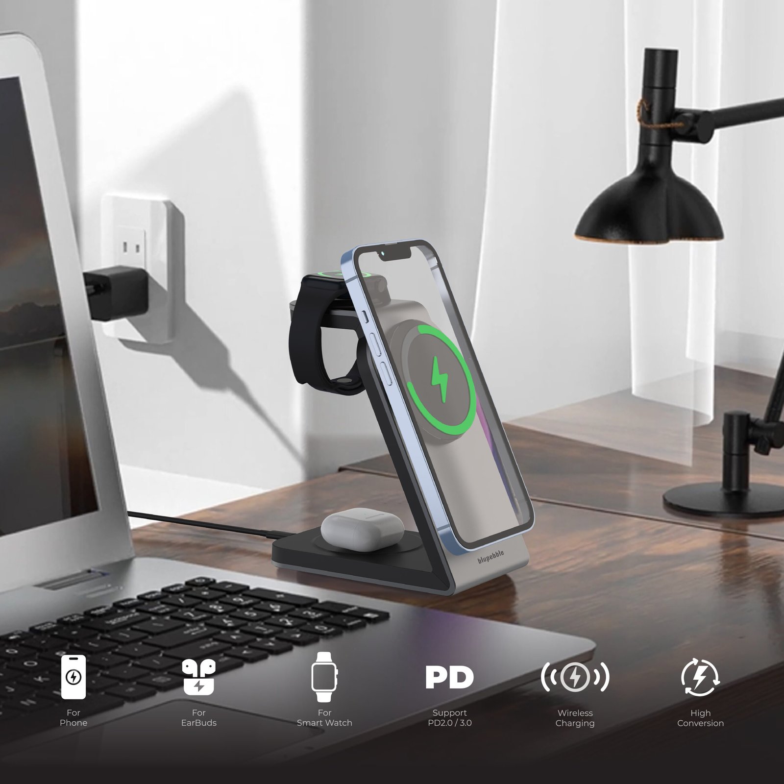 BLUPEBBLE 3 IN 1 WIRELESS MAGSAFE CHARGING STAND BP-3IN1V1-SG thumbnail 5