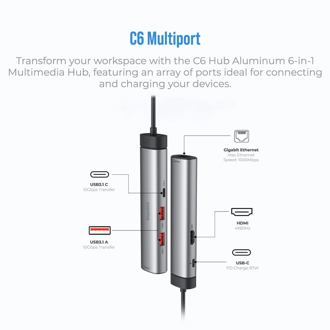 BLUPEBBLE C6 MULTIPORT ALUMINUM 6 IN 1 MULTIMEDIA HUB GRAY BP-C6MULTIHUB6IN1-GY thumbnail 15