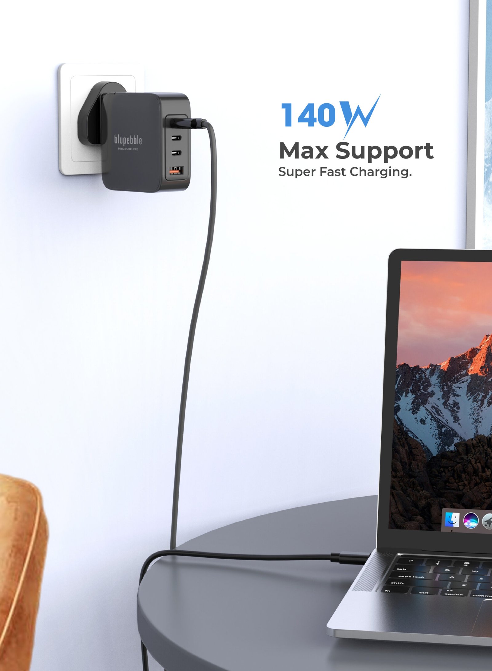 BLUPEBBLE 4 PORT PD GAN FAST CHARGER 140W BLACK BP-PD140GANUK-BK thumbnail 13