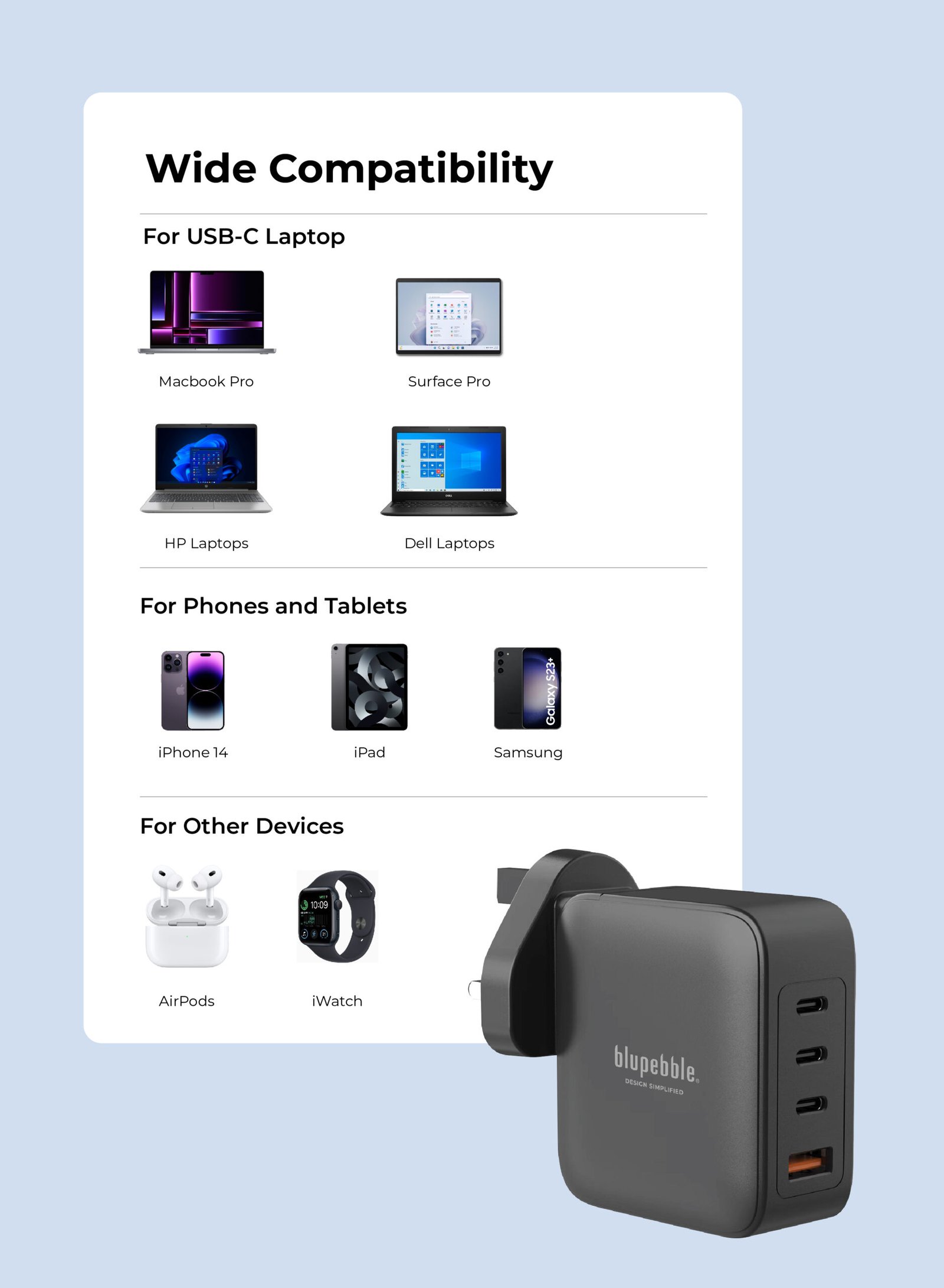 BLUPEBBLE 4 PORT PD GAN FAST CHARGER 140W BLACK BP-PD140GANUK-BK thumbnail 3