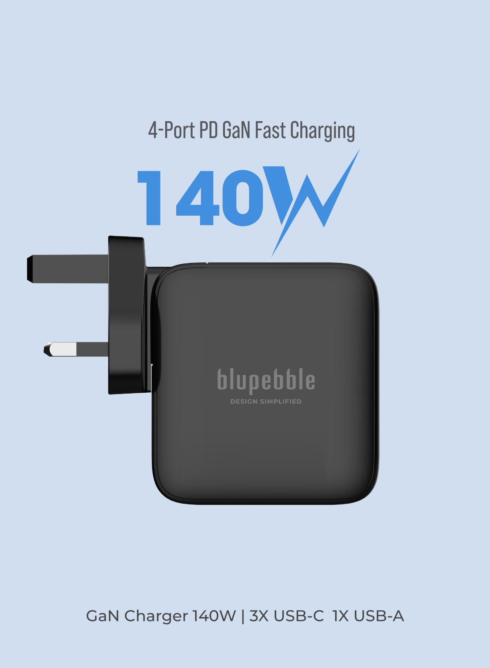 BLUPEBBLE 4 PORT PD GAN FAST CHARGER 140W BLACK BP-PD140GANUK-BK thumbnail 14