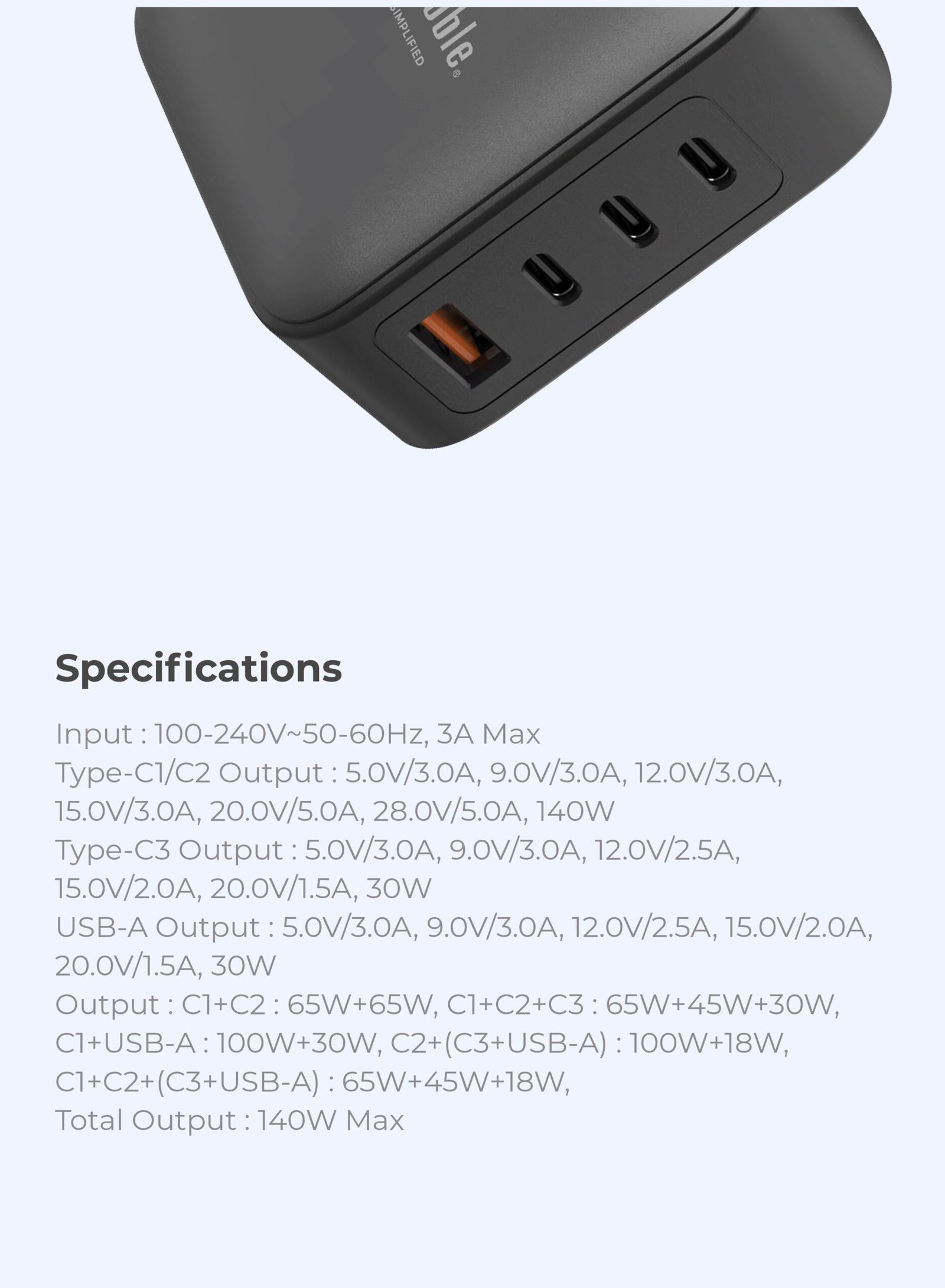 BLUPEBBLE 4 PORT PD GAN FAST CHARGER 140W BLACK BP-PD140GANUK-BK thumbnail 2