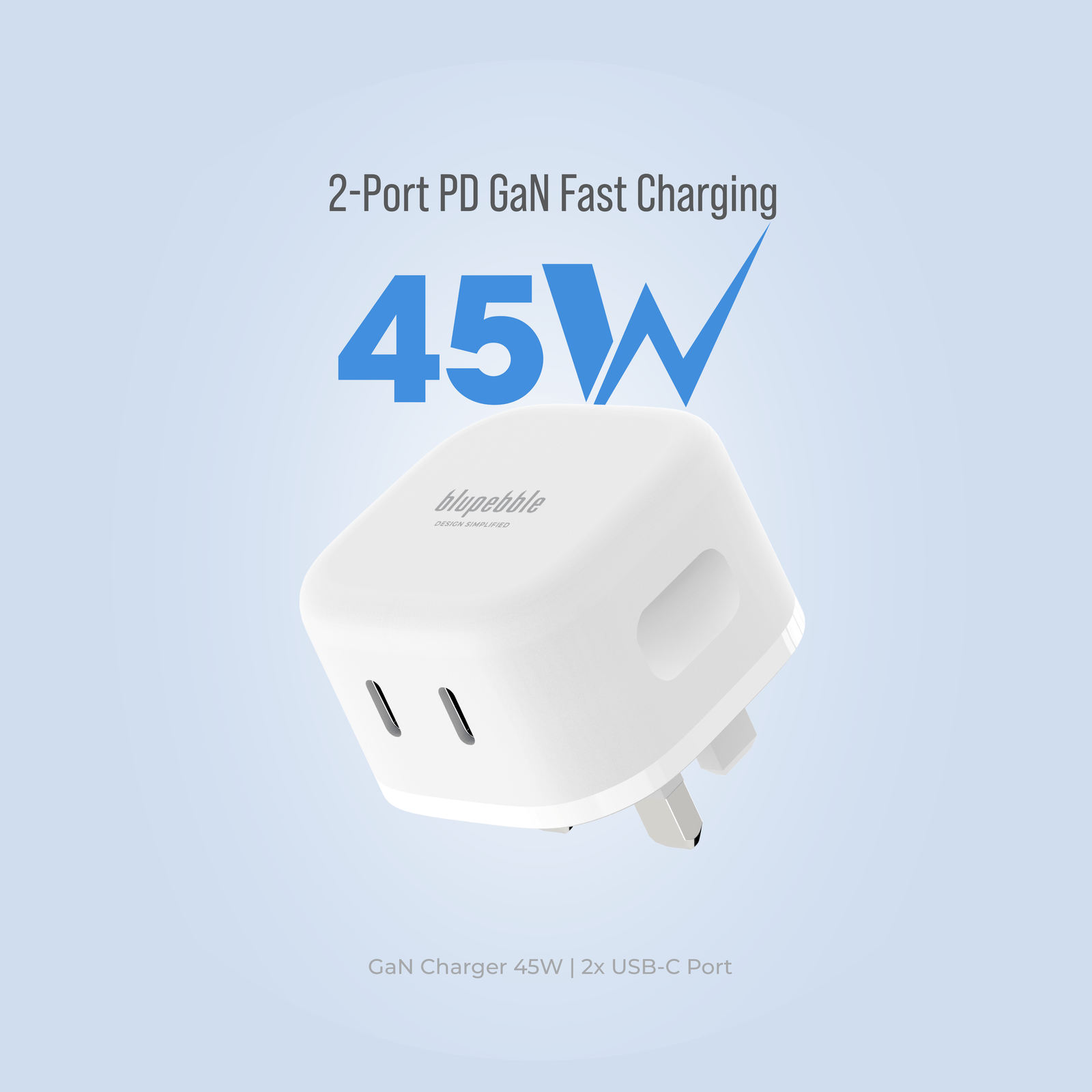BLUPEBBLE 2 PORT PD GAN FAST CHARGER 45W WHITE BP-PD45GANUK-WH thumbnail 4