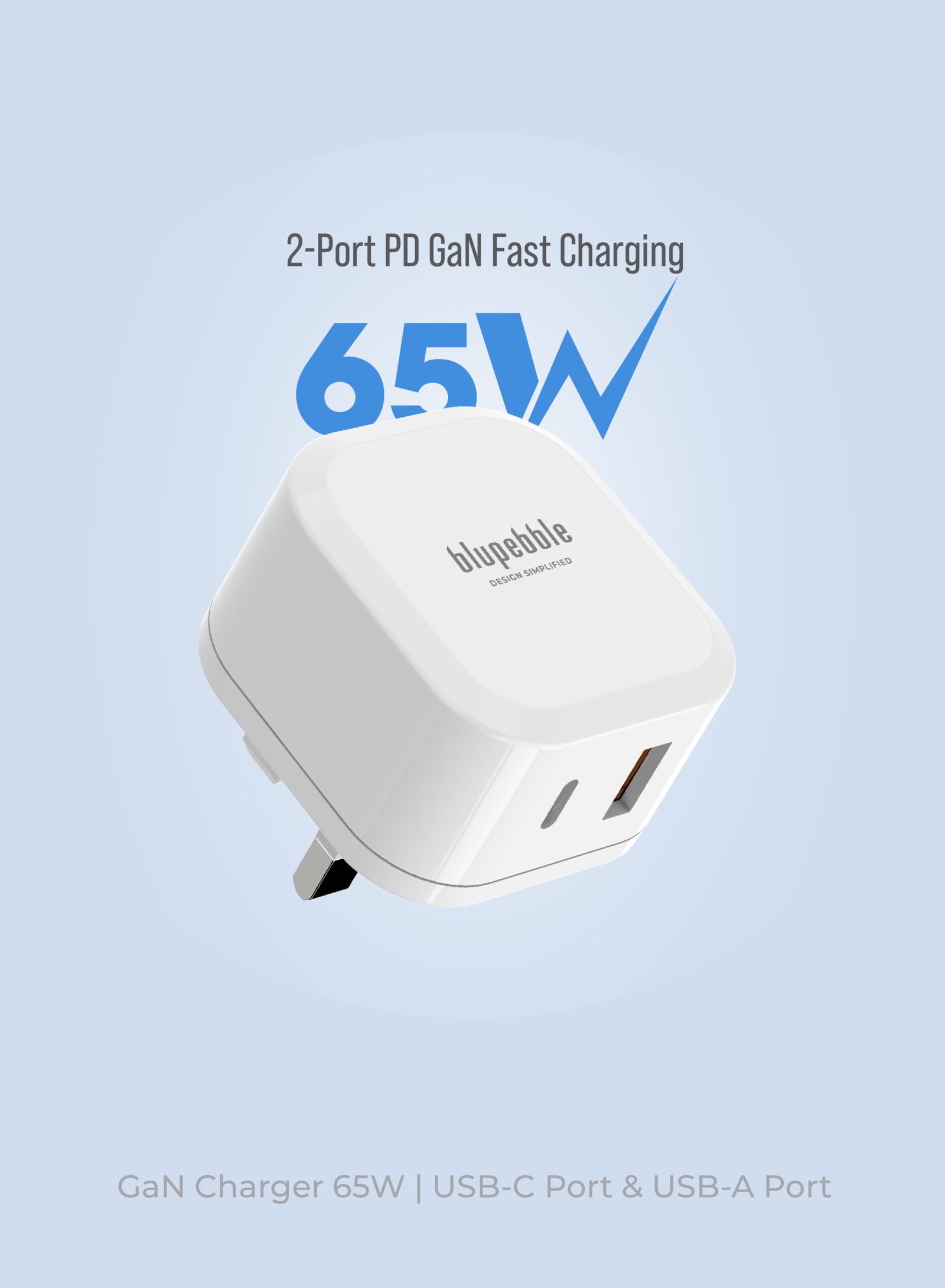 BLUPEBBLE 2 PORT PD GAN FAST CHARGER 65W WHITE BP-PD65GANUK-WH thumbnail 11
