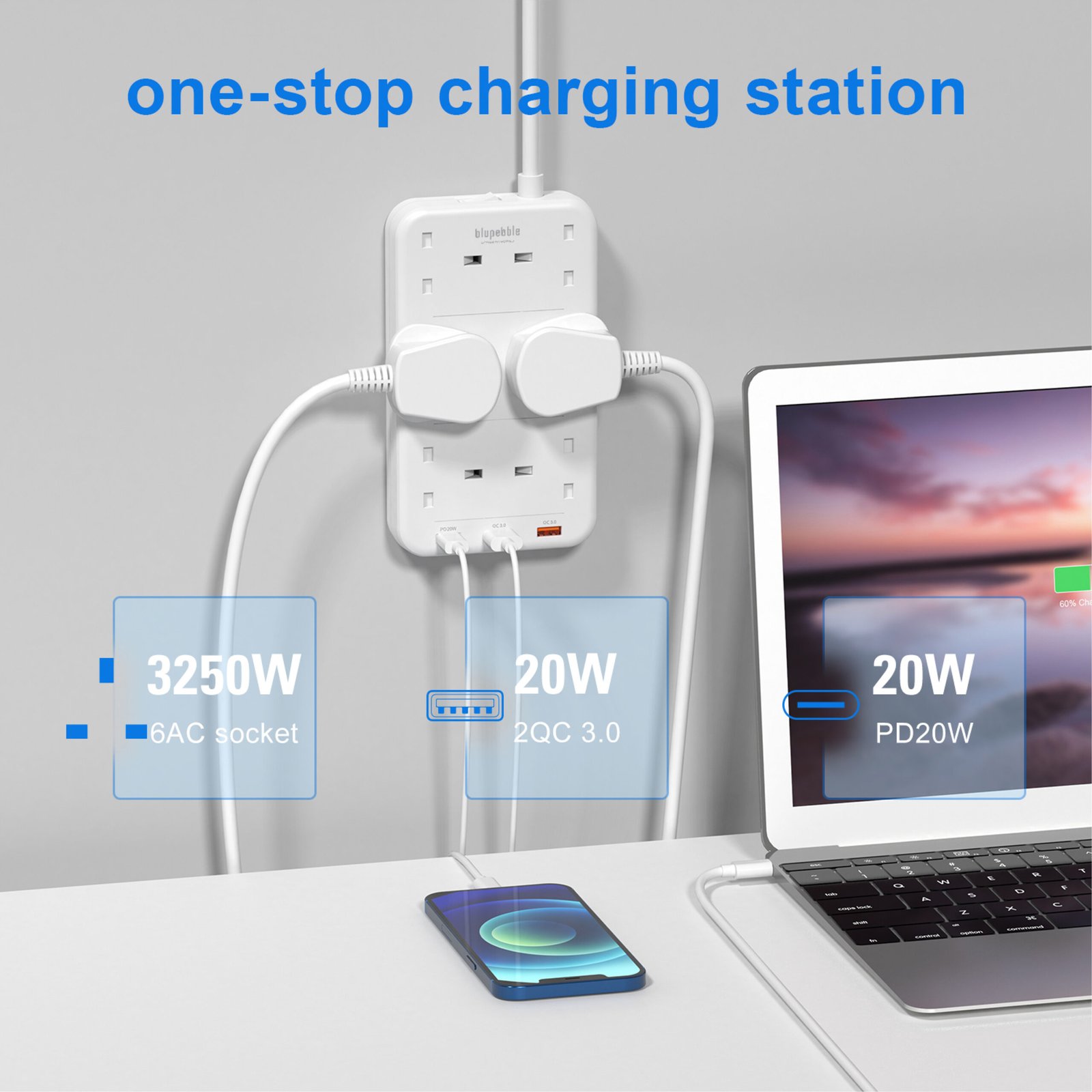 BLUPEBBLE 6 PLUG SURGE PROTECTION POWER STRIP WHITE BP-PSRTIP6-WH thumbnail 3