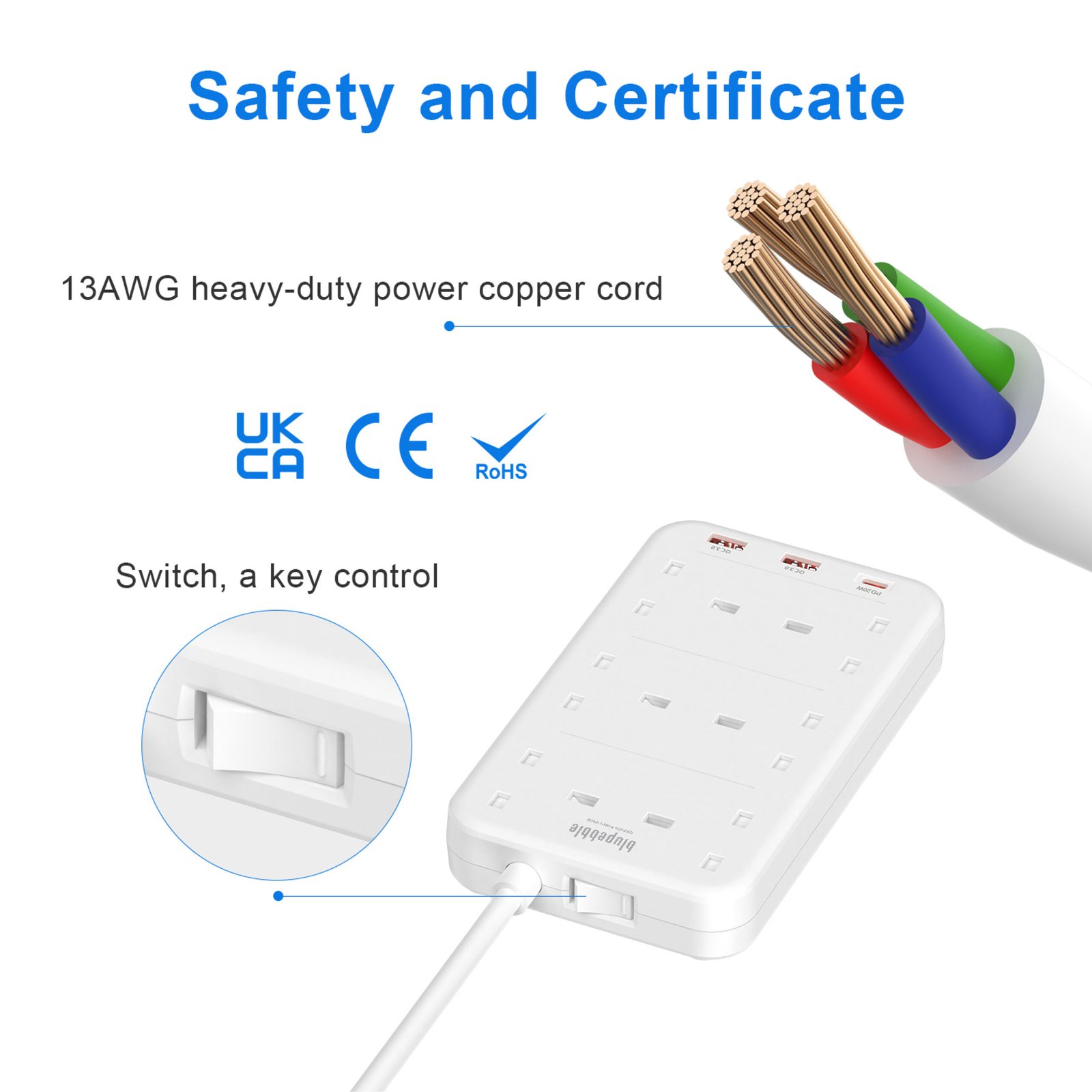 BLUPEBBLE 6 PLUG SURGE PROTECTION POWER STRIP WHITE BP-PSRTIP6-WH thumbnail 10