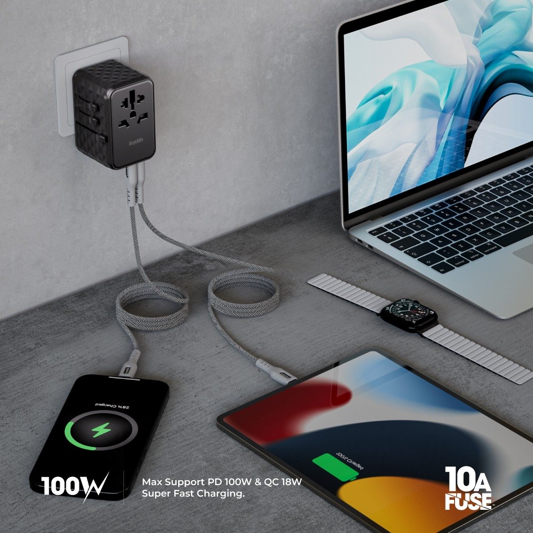 Blupebble Passport 4 World Travel Adapter - Featuring GAN III Tech, 100W Power, 3 USB-C, and 2 USB-A Ports for Ultimate Convenience : Power Up Anywhere thumbnail 24