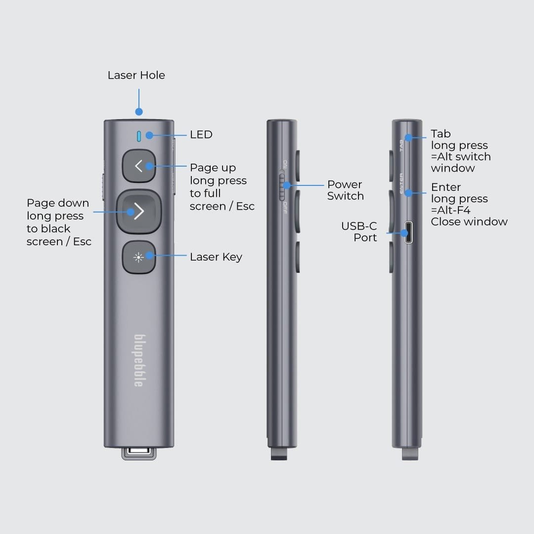 BLUPEBBLE WAND REMOTE PRESENTER WITH USB-A AND USB-C RECEIVER GREY BP-WANDV1-GY thumbnail 11