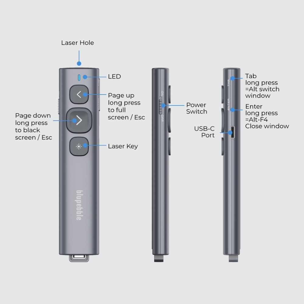 BLUPEBBLE WAND REMOTE BT PRESENTER WITH USB A & USB C RECEIVER GREY BP-WANDBT-GY thumbnail 11
