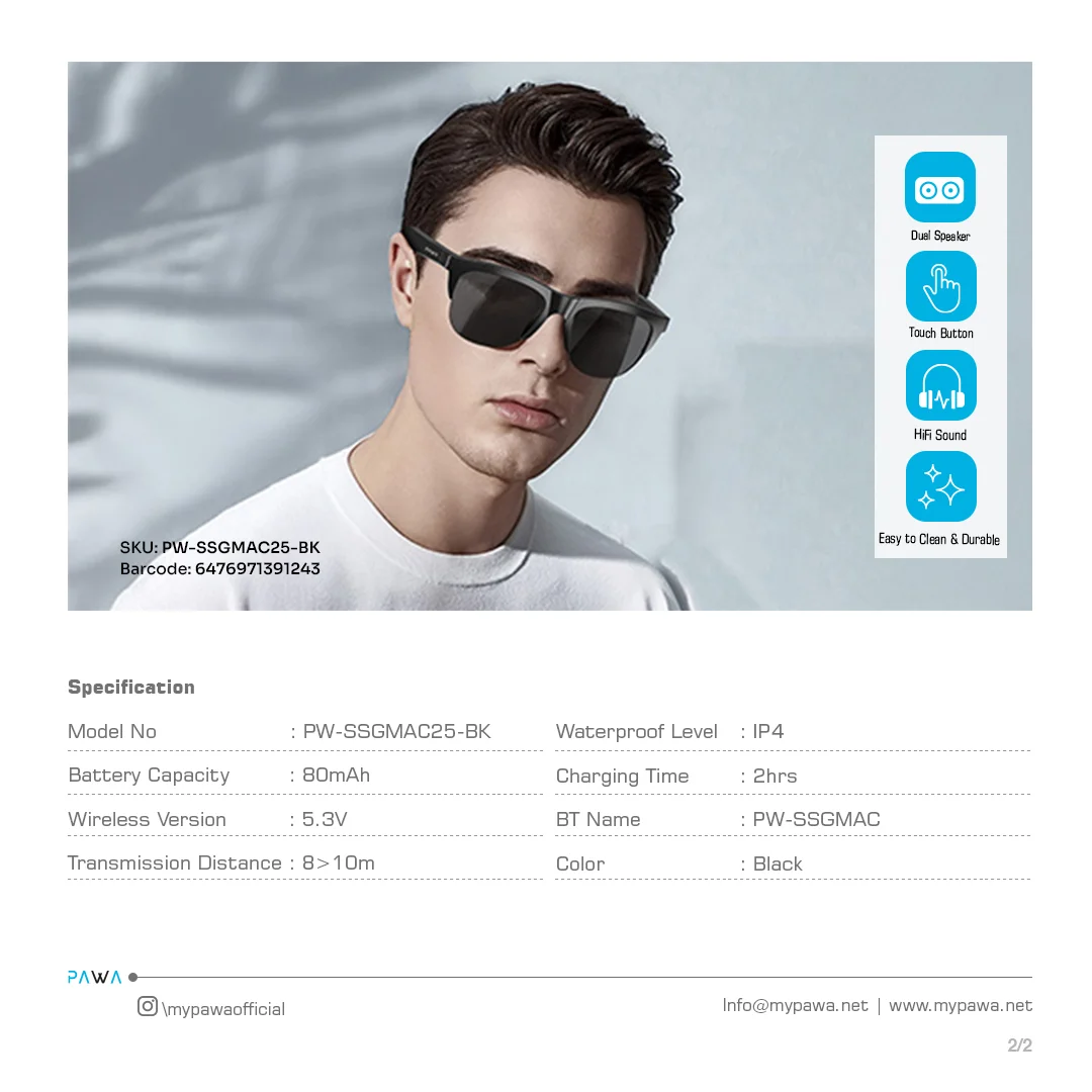 PAWA SMART SUNGLASS WITH MUSIC AND CALL BLACK SSGMAC25-BK thumbnail 7