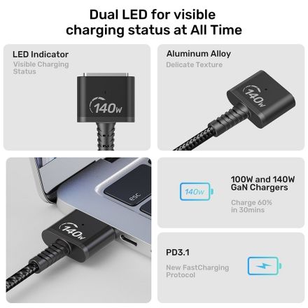 UNITEK PD 3.1 USB C TO MAGNETIC 3 CHARGING CABLE PD 140W 3M BLACK C14121BK-3M thumbnail 8