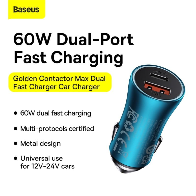 Baseus Golden Contactor Pro Dual Quick Car Charger - USB + Type-C 60W GC PRO CGJM0001 thumbnail 8