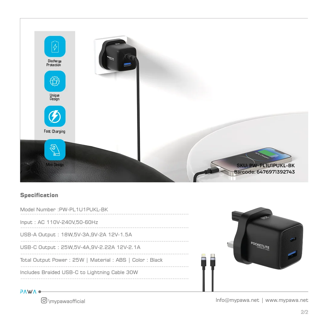 PAWA POCKETLITE TRAVEL CHARGER PD+QC PORT GAN UK STANDARD PD25W TYPE C LIGHTING CABLE BLACK PW-PL1U1PUKL-BK thumbnail 6