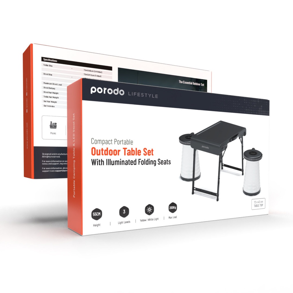 PORODO LIFESTYLE COMPACT PORTABLE OUTDOOR TABLE SET WITH ILLUMINATED FOLDING SEATS GRAY PD-CFDLDSTS-GY thumbnail 3