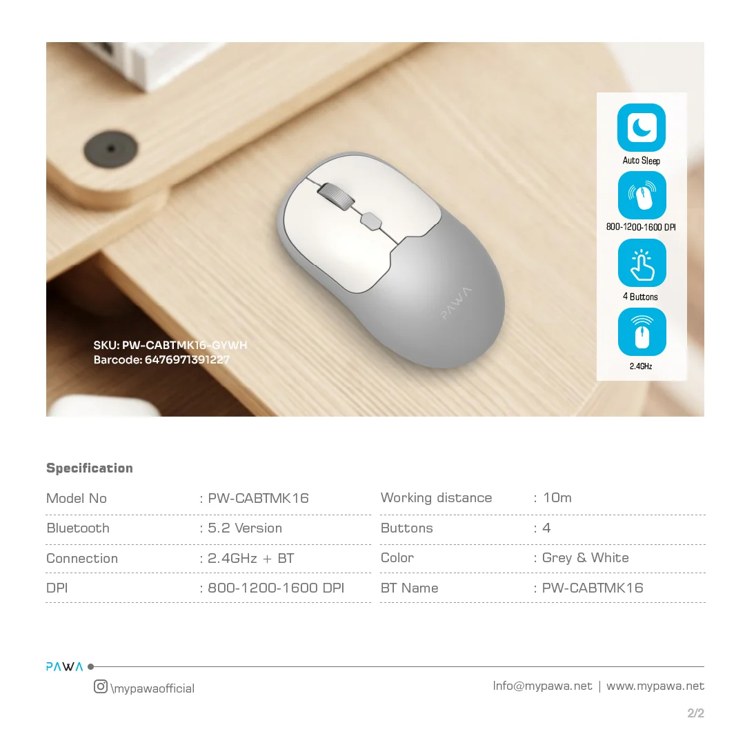 PAWA DUAL MODE WIRELESS MOUSE WITH 1600 DPI GREY WHITE PW-CABTMK16-GYWH thumbnail 6