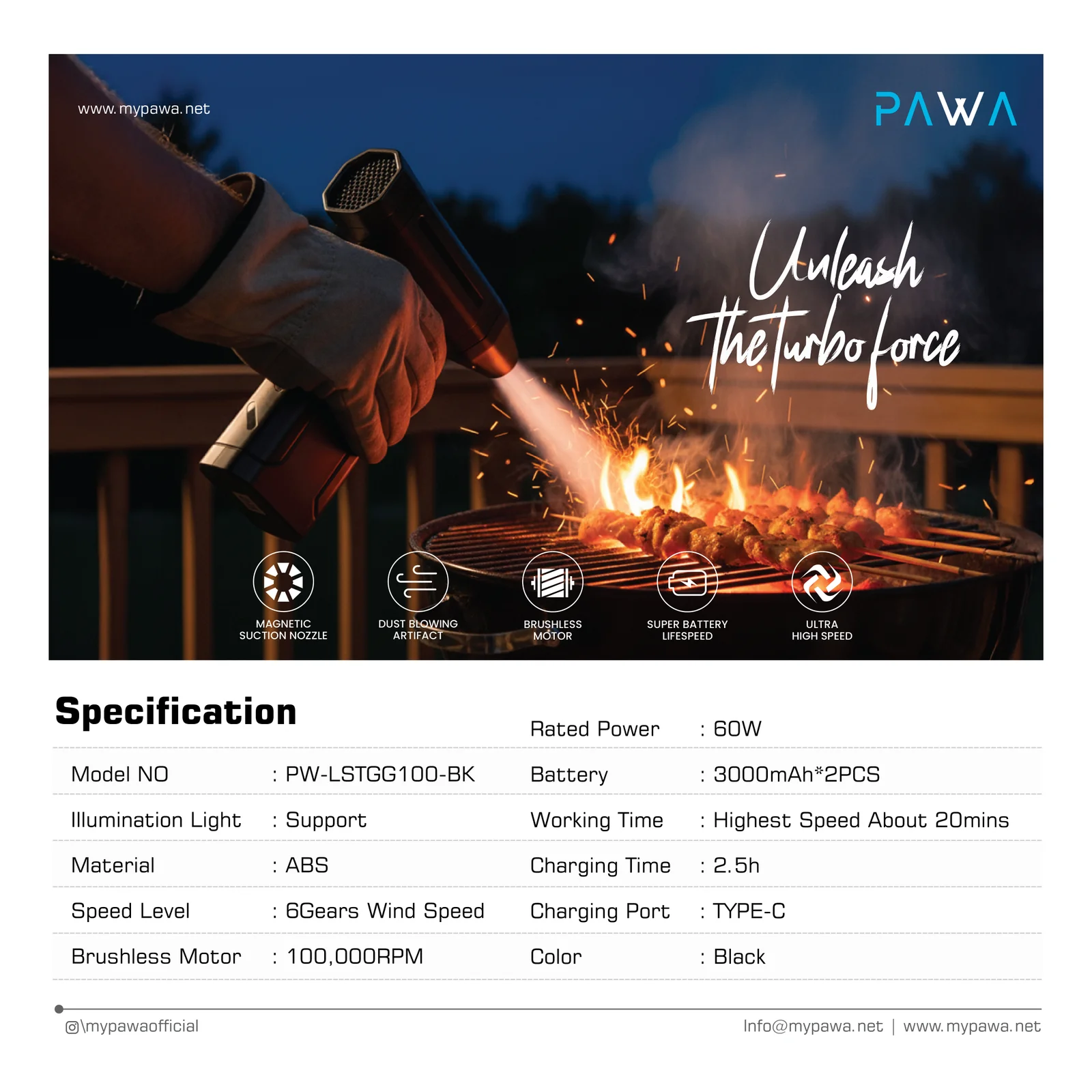 PAWA TURBO FAN BLOWER WITH LED LIGHT BLACK PW-LSTGG100-BK thumbnail 6