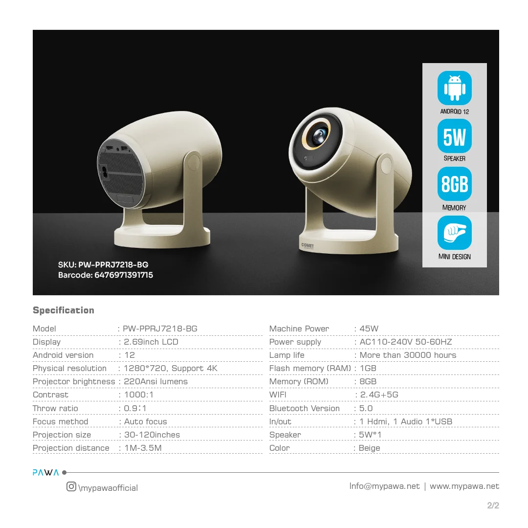 PAWA MINI COMET 720P ANDROID PROJECTOR WITH 220ANSI LUMENS BEIGE PW-PPRJ7218-BG thumbnail 5