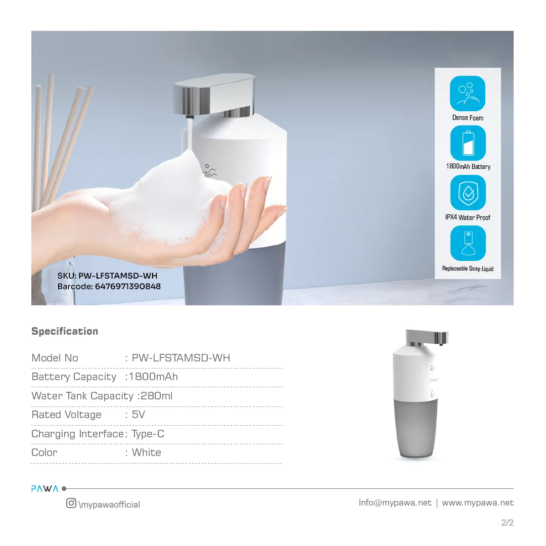 PAWA SOAP DISPENSER AUTOMATIC WITH 2 LEVELS OF DISTANCE SENSING WHITE PW-LFSTAMSD-WH thumbnail 6