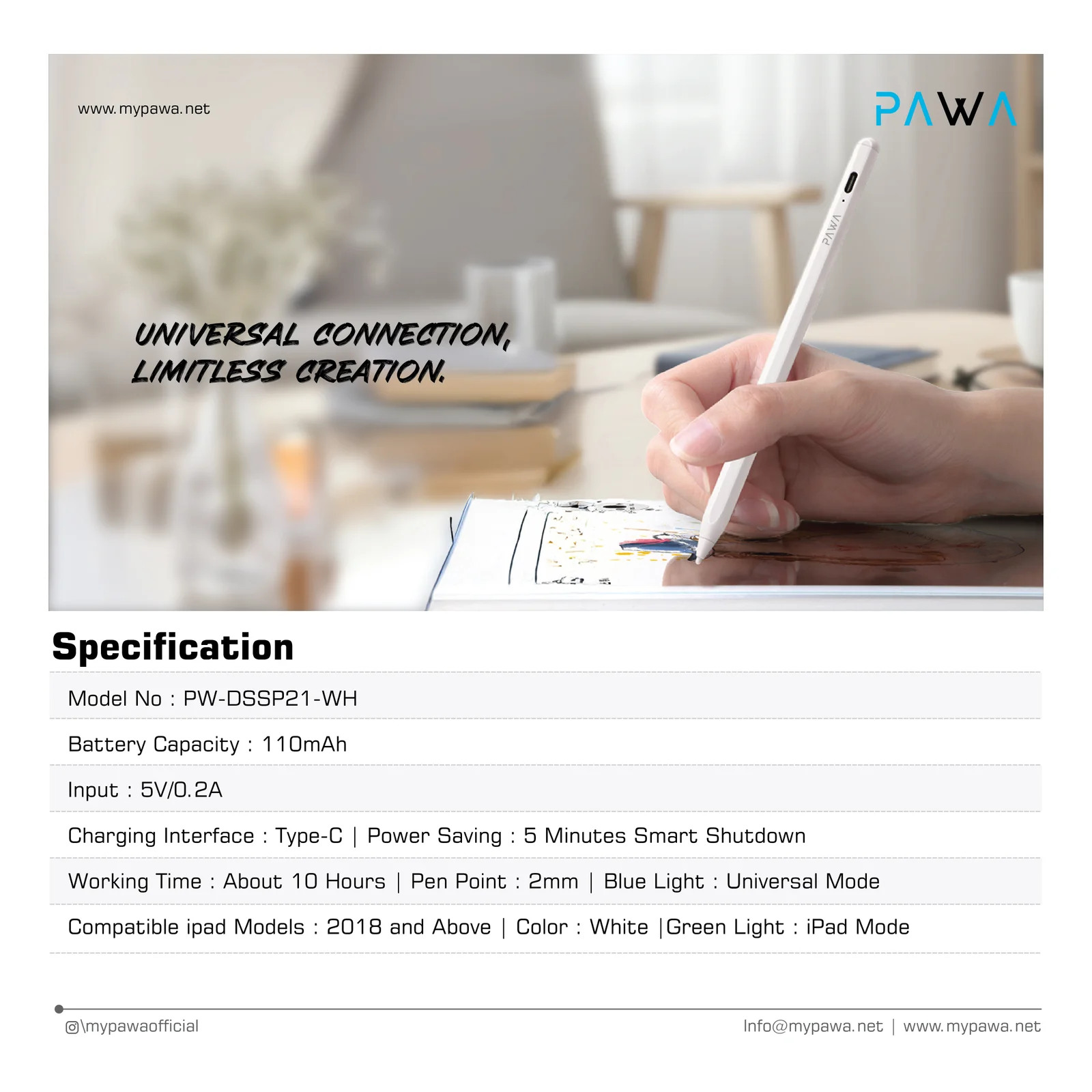 PAWA DUAL SYSTEM UNIVERSAL PENCIL WITH PALM REJECTION WHITE PW-DSSP21-WH thumbnail 9