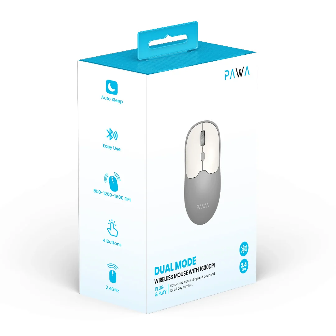 PAWA DUAL MODE WIRELESS MOUSE WITH 1600 DPI GREY WHITE PW-CABTMK16-GYWH thumbnail 5