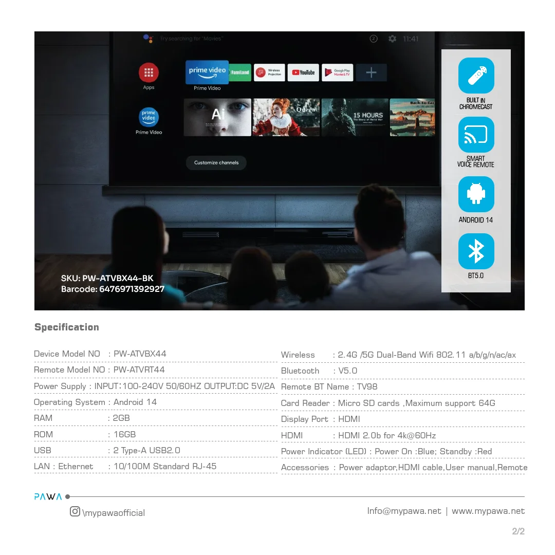 PAWA ANDROID TV BOX 4K ULTRA HD BLACK PW-ATVBX44-BK thumbnail 11