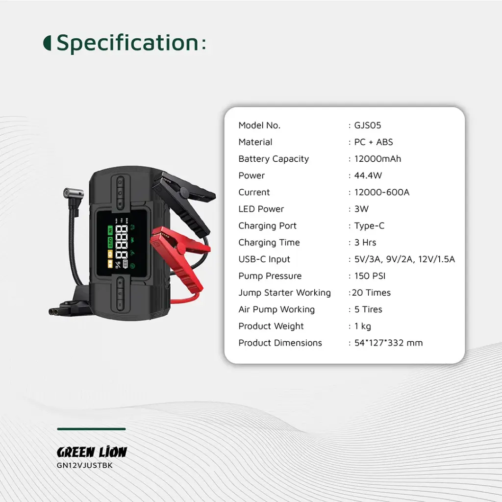 GREEN LION 12V JUMP STARTER 12000 MAH BLACK GN12VJUSTBK thumbnail 8
