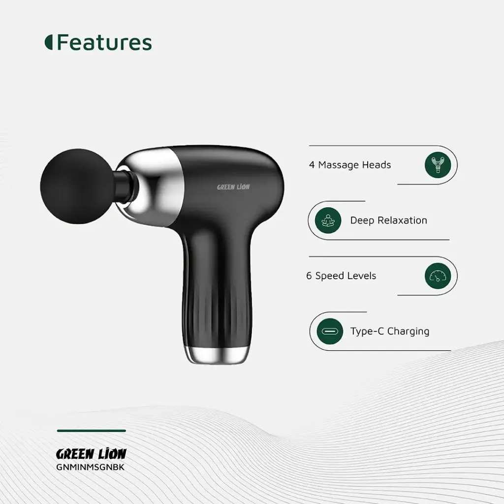 GREEN LION MINI MASSAGE GUN 6 SPEED LEVELS BLACK GNMINMSGNBK thumbnail 9