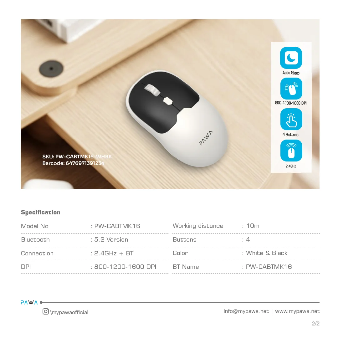 PAWA DUAL MODE WIRELESS MOUSE WITH 1600 DPI WHITE BLACK PW-CABTMK16-GYBK thumbnail 3