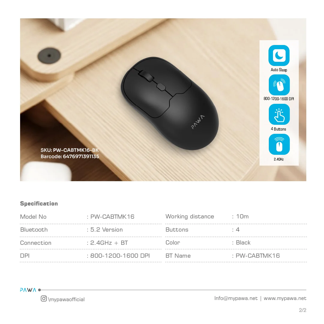PAWA DUAL MODE WIRELESS MOUSE WITH 1600 DPI BLACK PW-CABTMK16-BK thumbnail 6