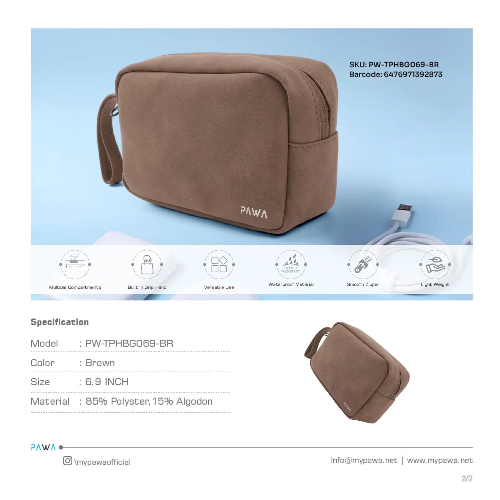 PAWA BELLO TRAVEL POUCH BROWN PW-TPHBG069-BR thumbnail 8