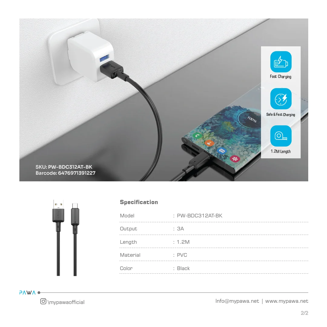 PAWA 3A USB A TO TYPE C QUICK CHARGING PVC CABLE 1.2M PW122 BLACK PW-BDC312AT-BK thumbnail 5