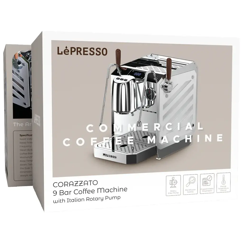 LEPRESSO CORAZZATO 9 BAR COFFEE MACHINE WITH ITALIAN ROTARY PUMP SILVER LPCFFCRP0092SL thumbnail 5