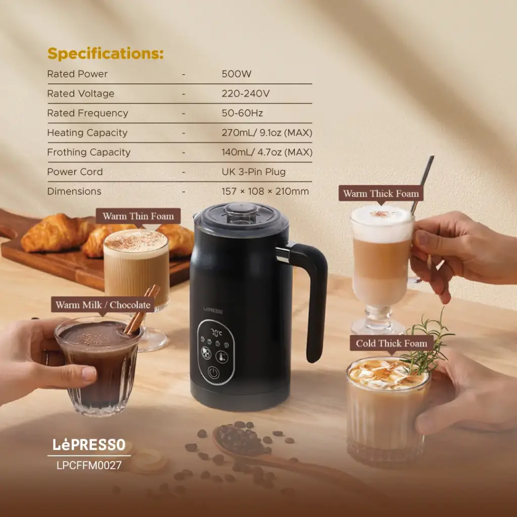 LEPRESSO FOUR FROTH MILK FROTHER TEMPERATURE CONTROL 270ML BLACK LPCFFM0027 thumbnail 7