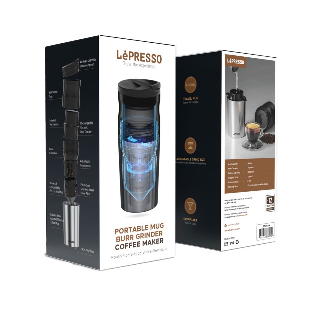 LEPRESSO PORTABLE MUG BURR GRINDER COFFEE MAKER 400ML SLIVER LPCMGSM thumbnail 6