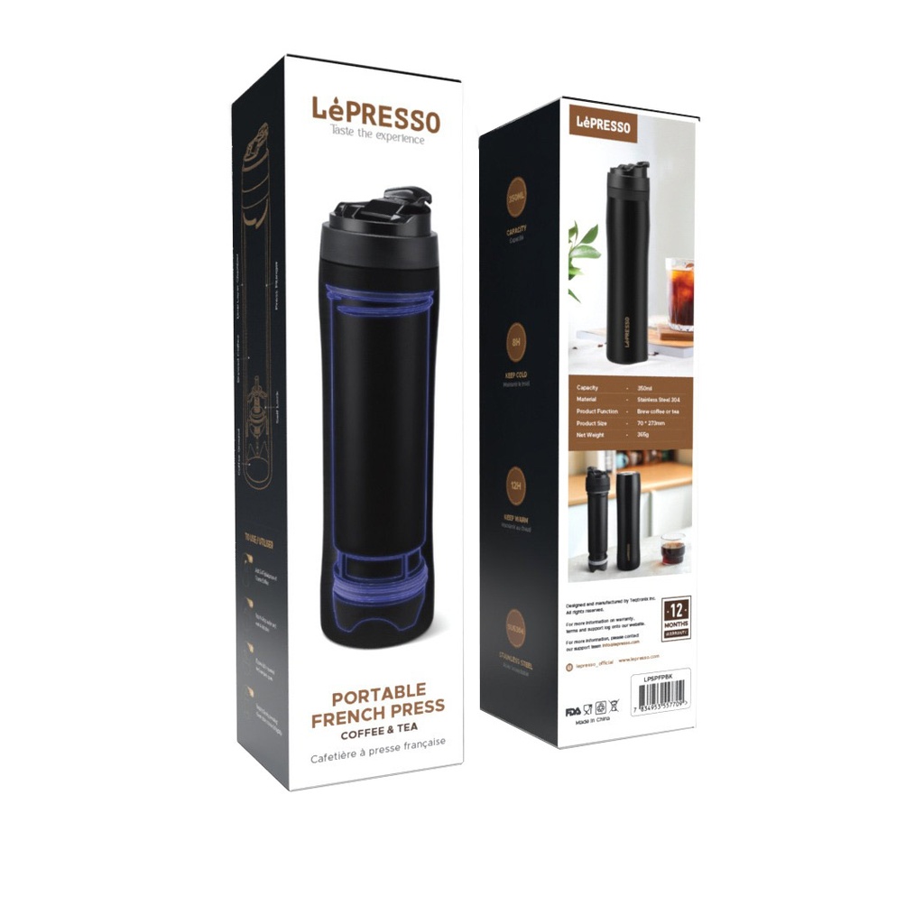 LEPRESSO PORTABLE FRENCH PRESS COFEE AND TEA STAINLESS STEEL BLACK LPSPFPBK thumbnail 7