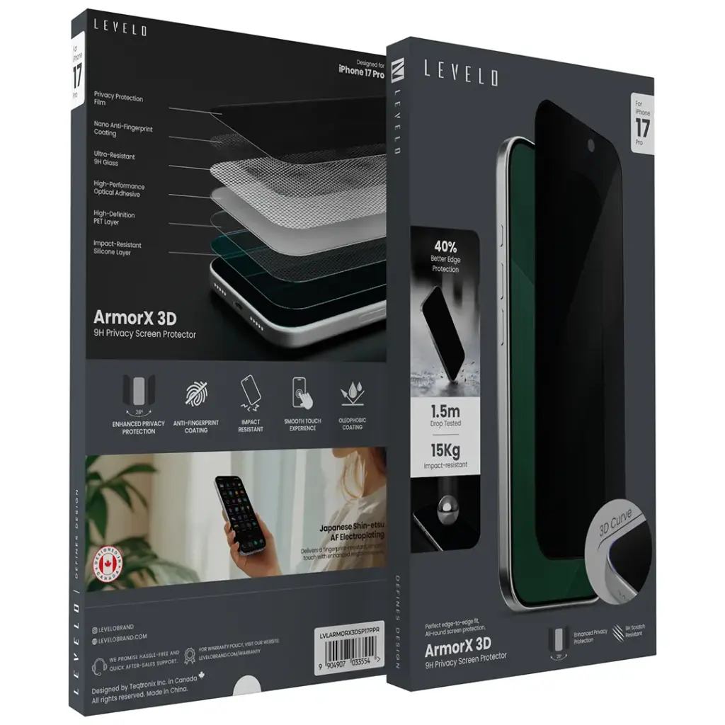 LEVELO ARMORX 3D 9H PRIVACY SCREEN PROTECTOR IPHONE 17 PRO MAX LVLARMORX3DSP17PMPR thumbnail 3