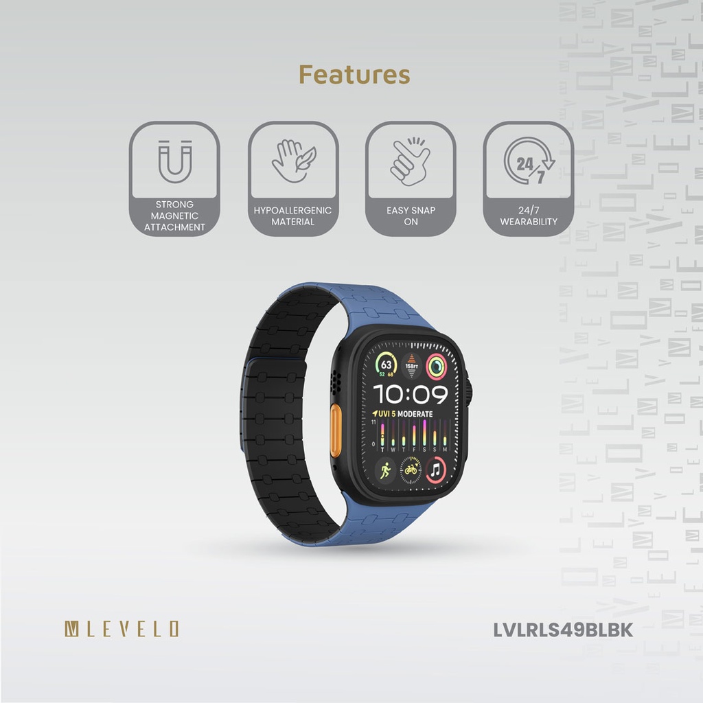 LEVELO APPLE WATCH SE 49/45 MM ROYALLINK SILICONE STRAP WITH MAGNET BLUE/BLACK LVLRLS49BLBK thumbnail 9