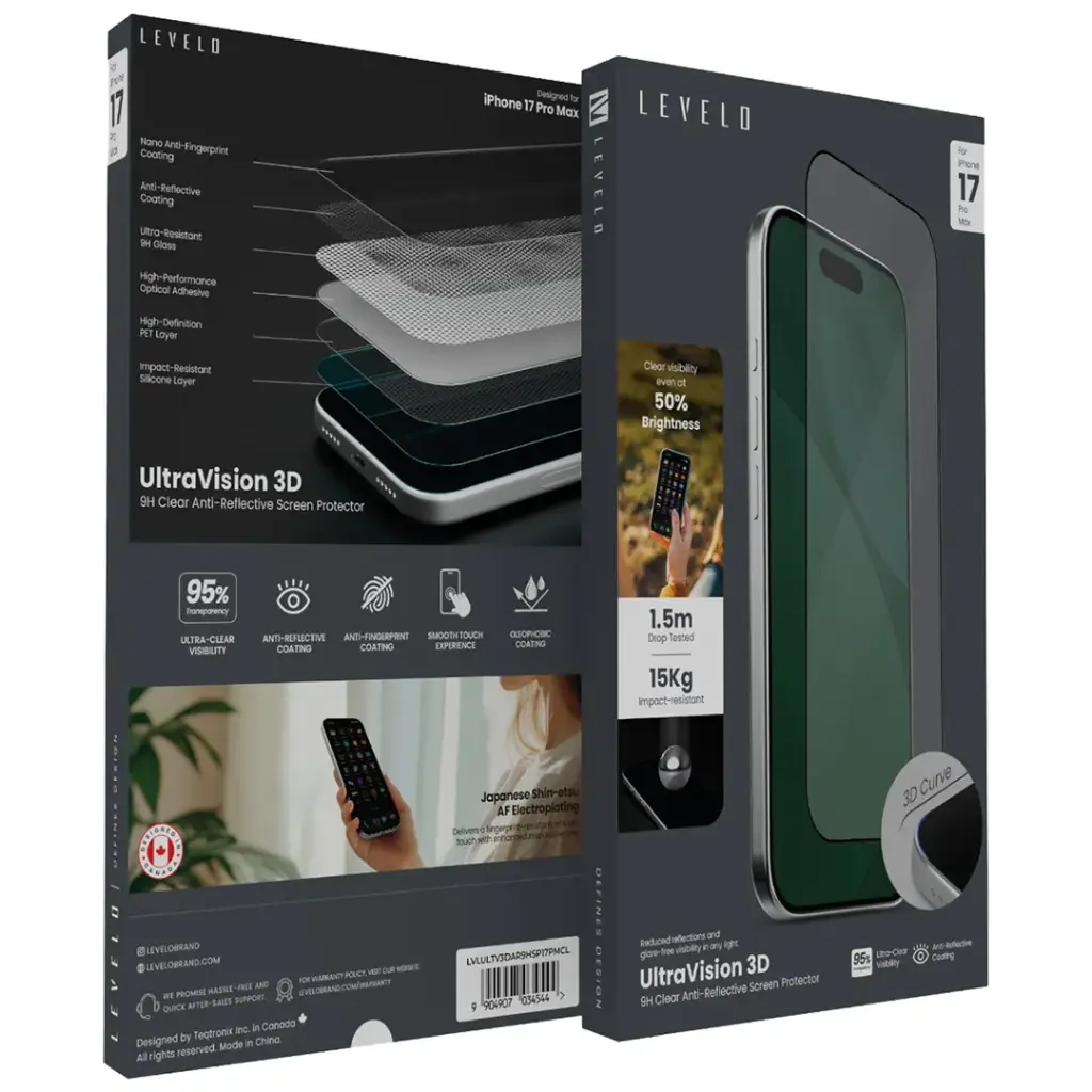 LEVELO ULTRA VISION 3D 9H CLEAR ANTI REFLECTIVE SCREEN PROTECTOR IPHONE 17 PRO MAX LVLULTV3DAR9HSP17PMCL thumbnail 3
