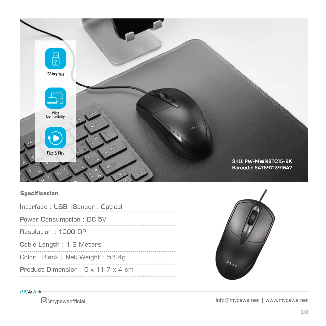 PAWA WIRED OPTICAL MOUSE BLACK PW-MWN2TC15-BK thumbnail 5