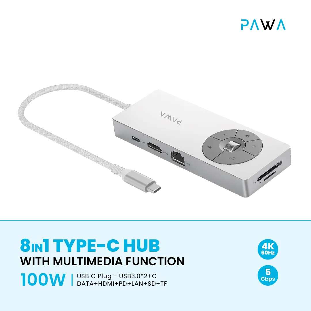 PAWA 8 IN 1 TYPE-C HUB WITH MULTIMEDIA FUCTION 100W PW-THUBB124 thumbnail 9