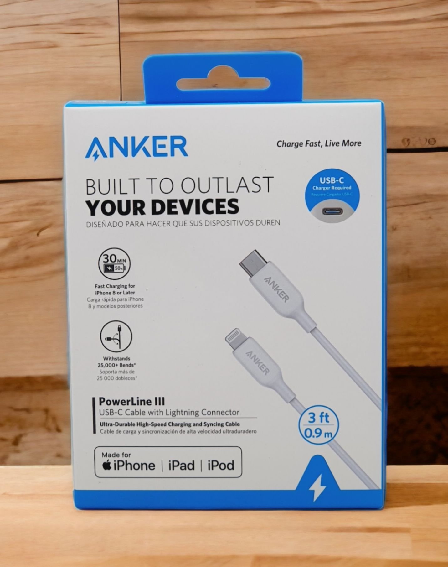 ANKER POWERLINE III USB-C TO LIGHTNING 2.0 CABLE 3FT WHITE/BLACK thumbnail 5