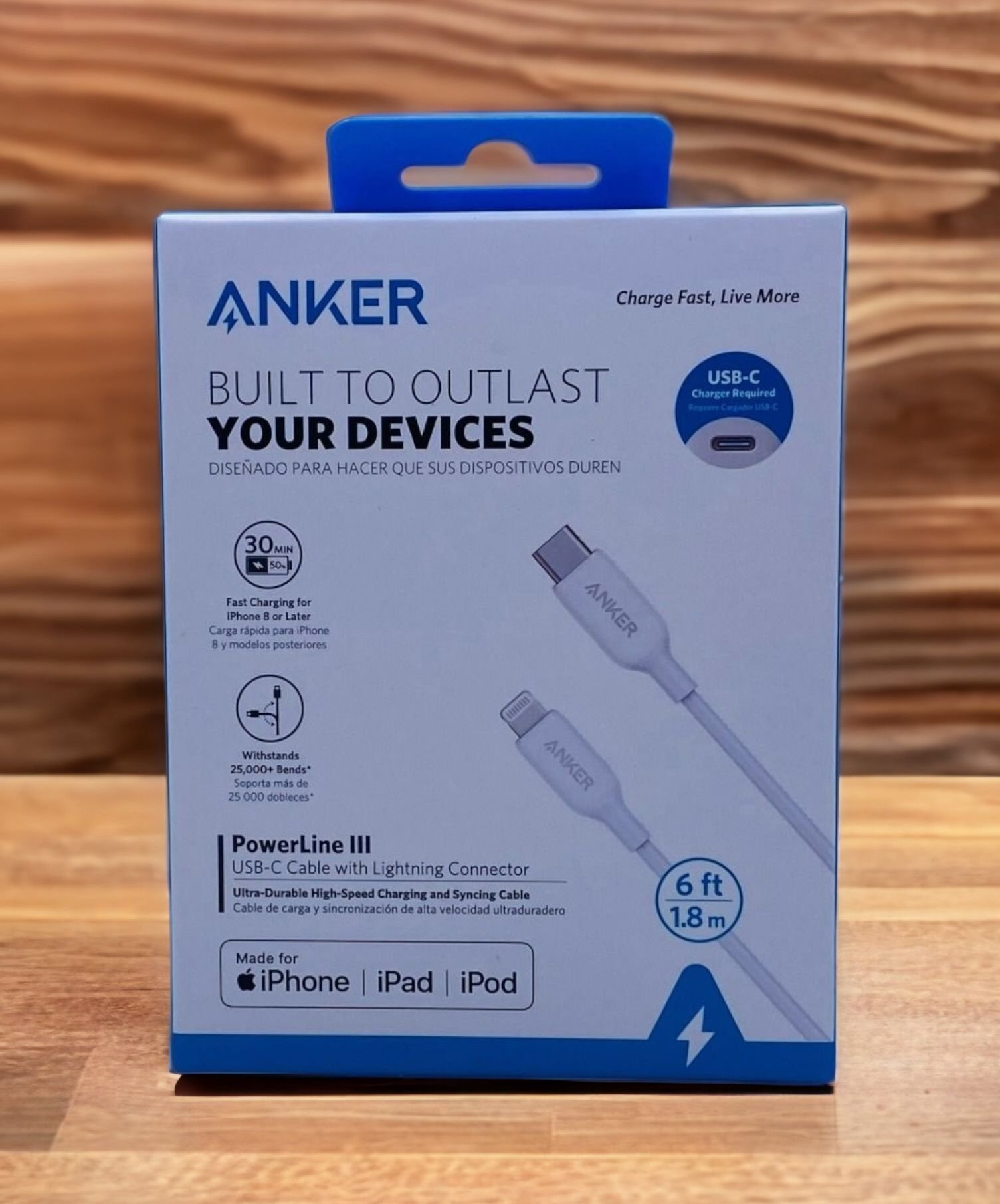 ANKER POWERLINE III USB-C TO LIGHTNING 2.0 CABLE 6FT BLACK/WHITE thumbnail 5